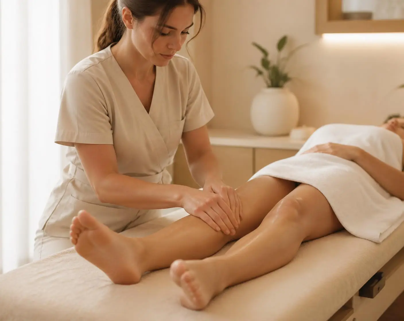 Fisioterapeuta realizando drenaje linfático manual en la pierna de una paciente con lipedema en Instituto Rubí